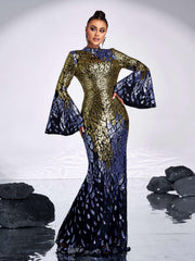 Backless Bell Sleeve Sequin Formal Dress XH2425