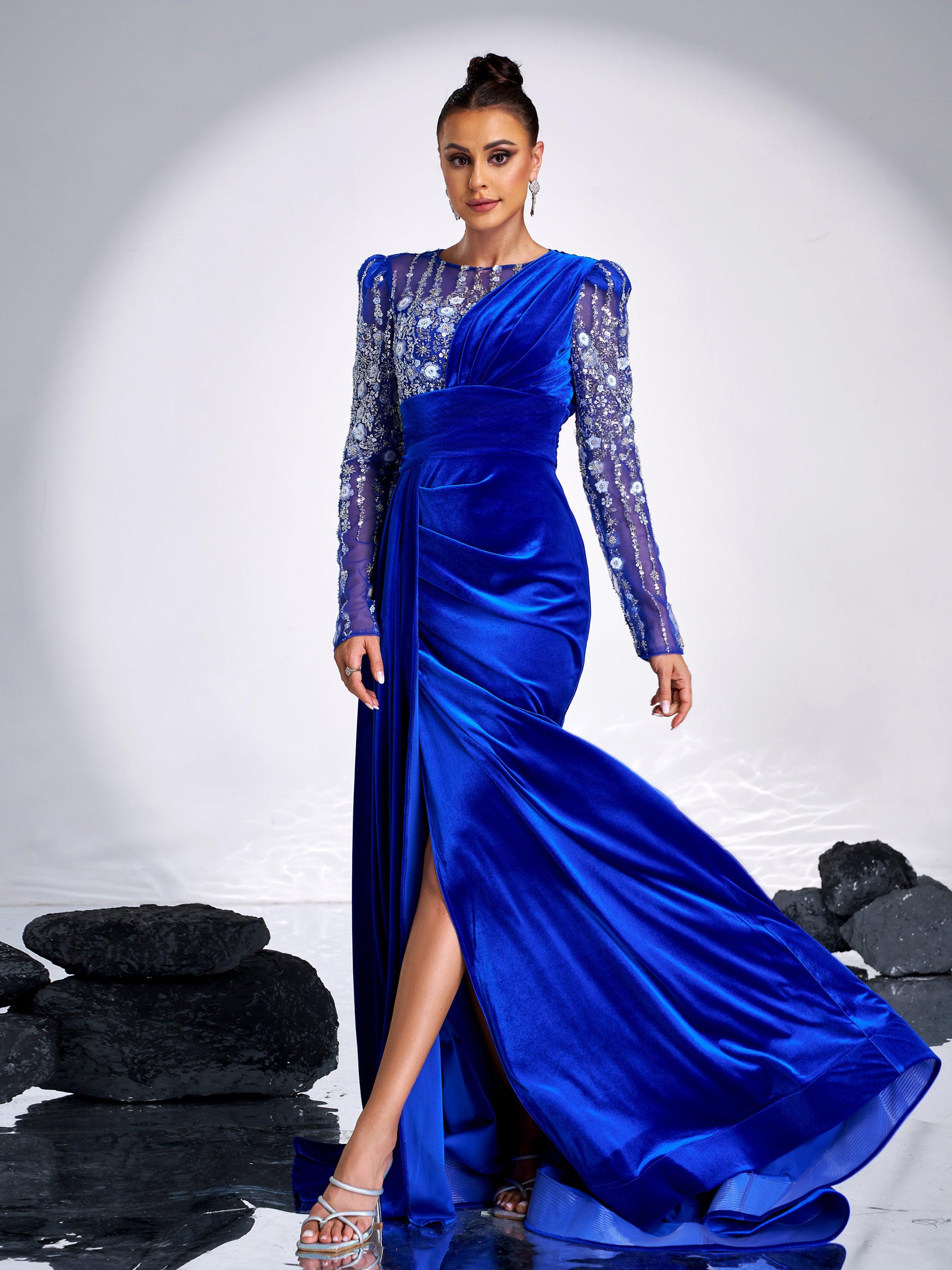 Floral Beaded Pleated Floor Length Velvet Gown DH80182