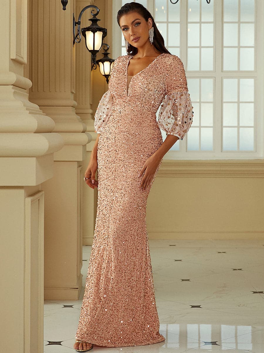 V Neck Lantern Sleeve Sequin Maxi Evening Dress XH2184