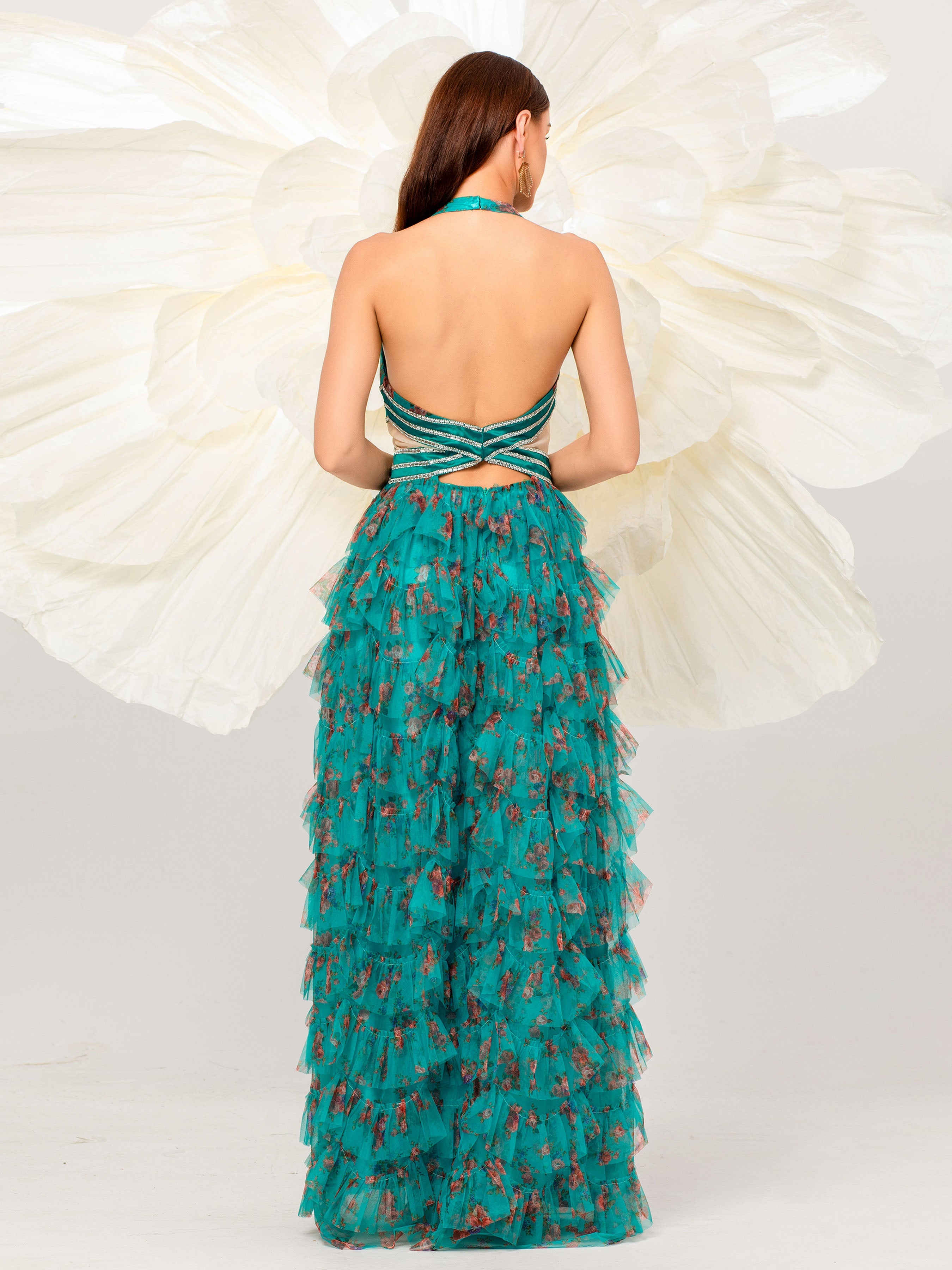 Halter Open Back Floral Tulle Dress DH80068