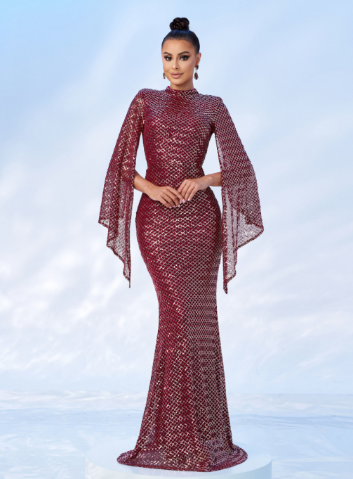 High Neck Sequin Bell Sleeve Mermaid Evening Dress XJ1263