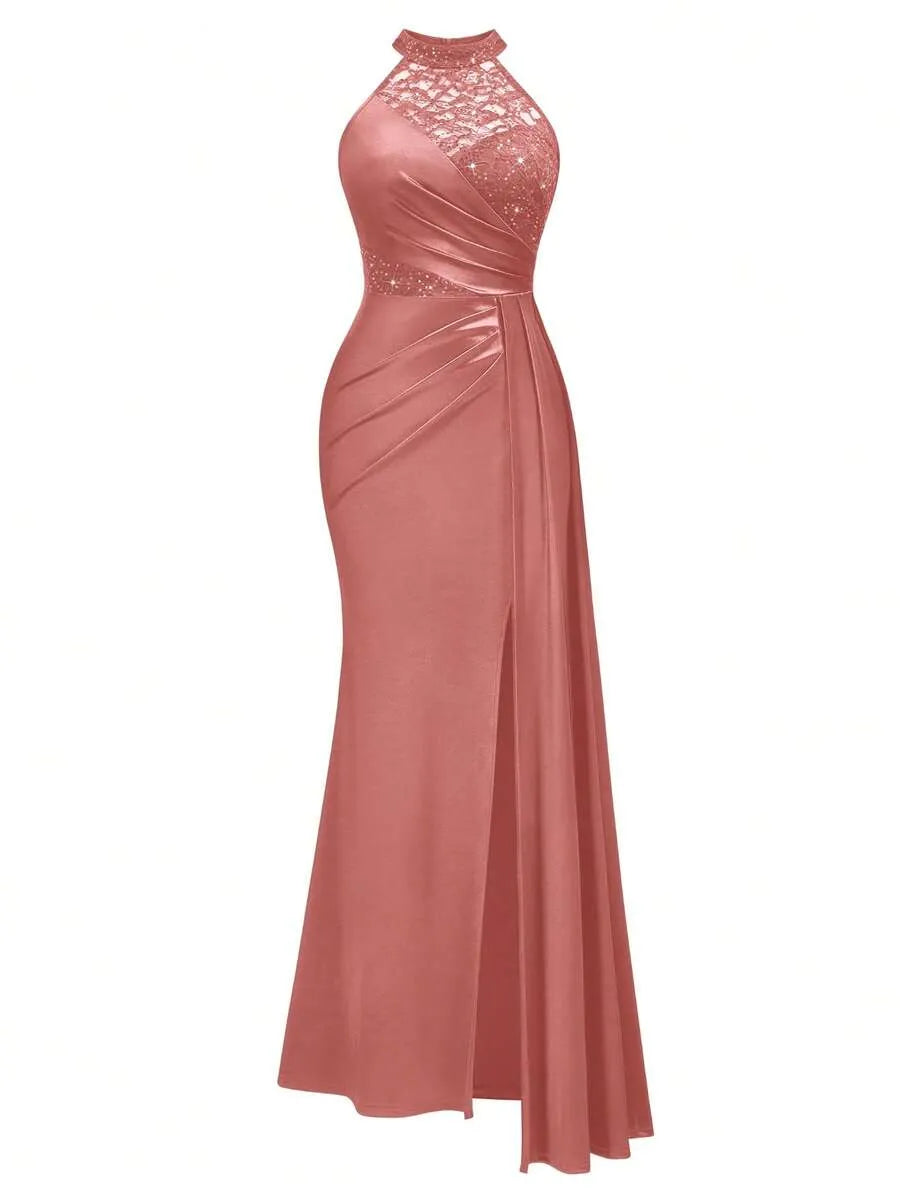 Halter Neck Sequin Lace Satin Draped Side Slit Maxi Evening Dress
