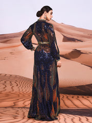 Stand Collar Cutout Sleeve Sequin Abaya Maxi Dress ME00330