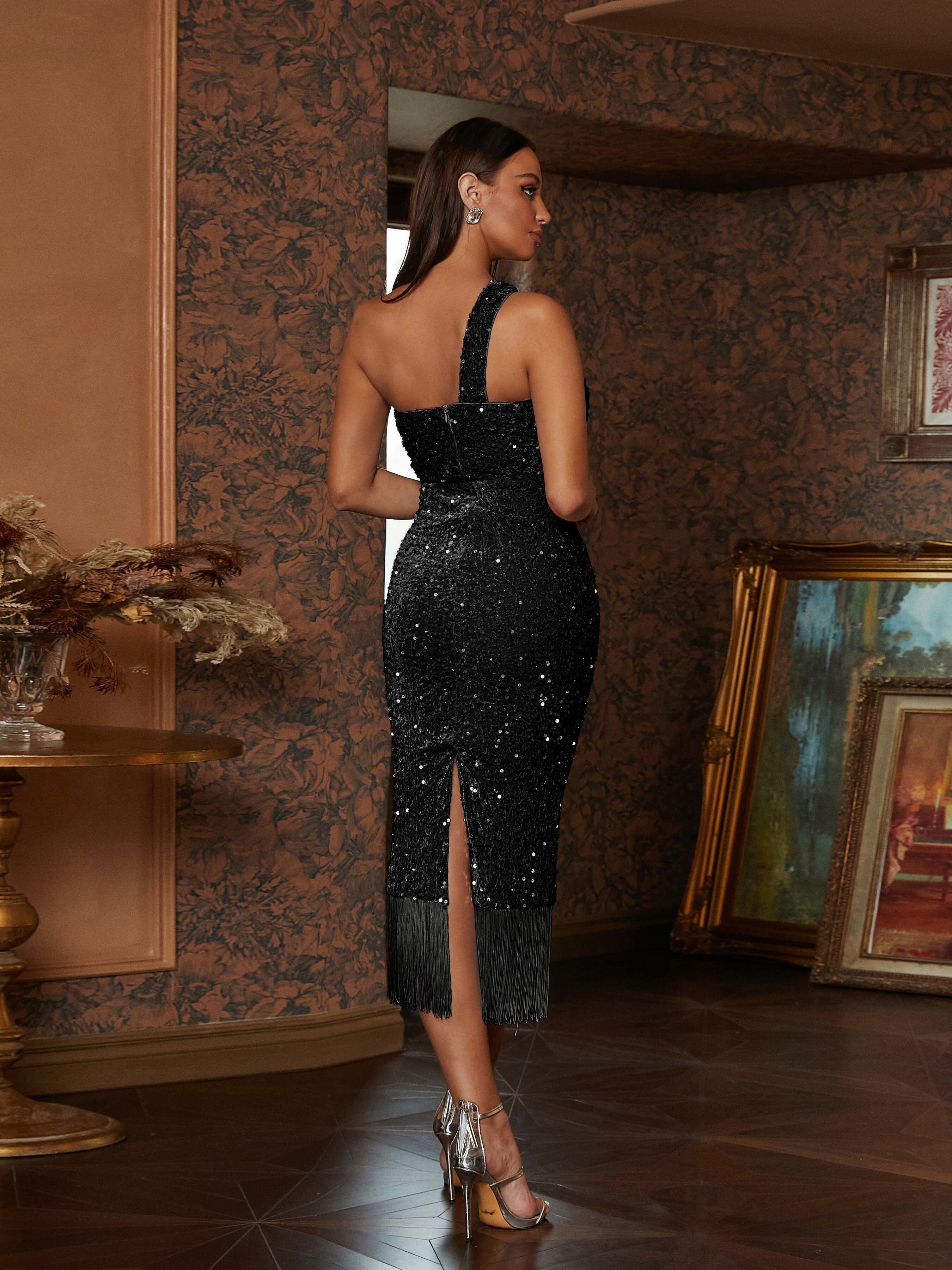 One Shoulder Fringed Midi Dress M02182