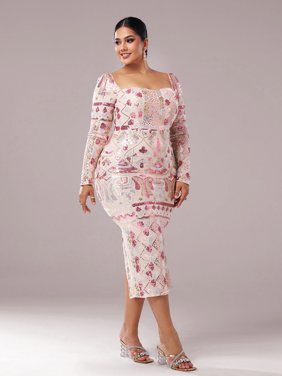 Square Neck Long Sleeve Split Sequin Dress RM20830
