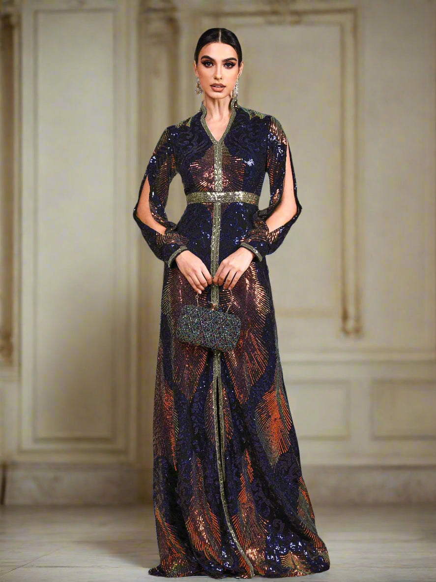 Stand Collar Cutout Sleeve Sequin Abaya Maxi Dress ME00330