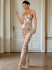 Deep V Neck Sequin Spaghetti Strap Jumpsuit RH30064