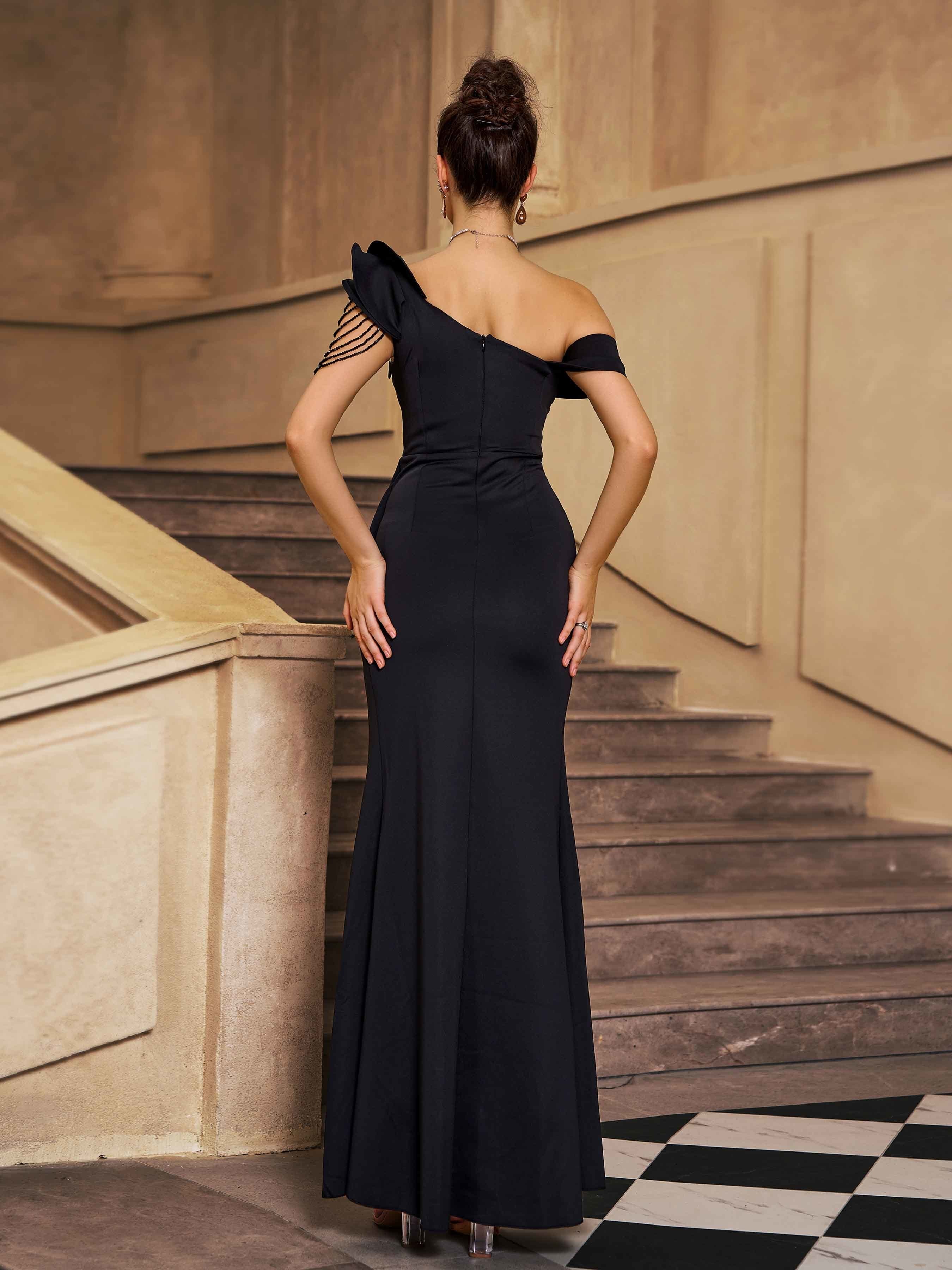 Elegant Black One-Shoulder Slit Evening Dress GM010145