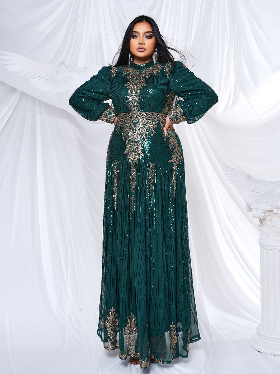 Plus Stand Collar Sequin A-line Dress PMES00341