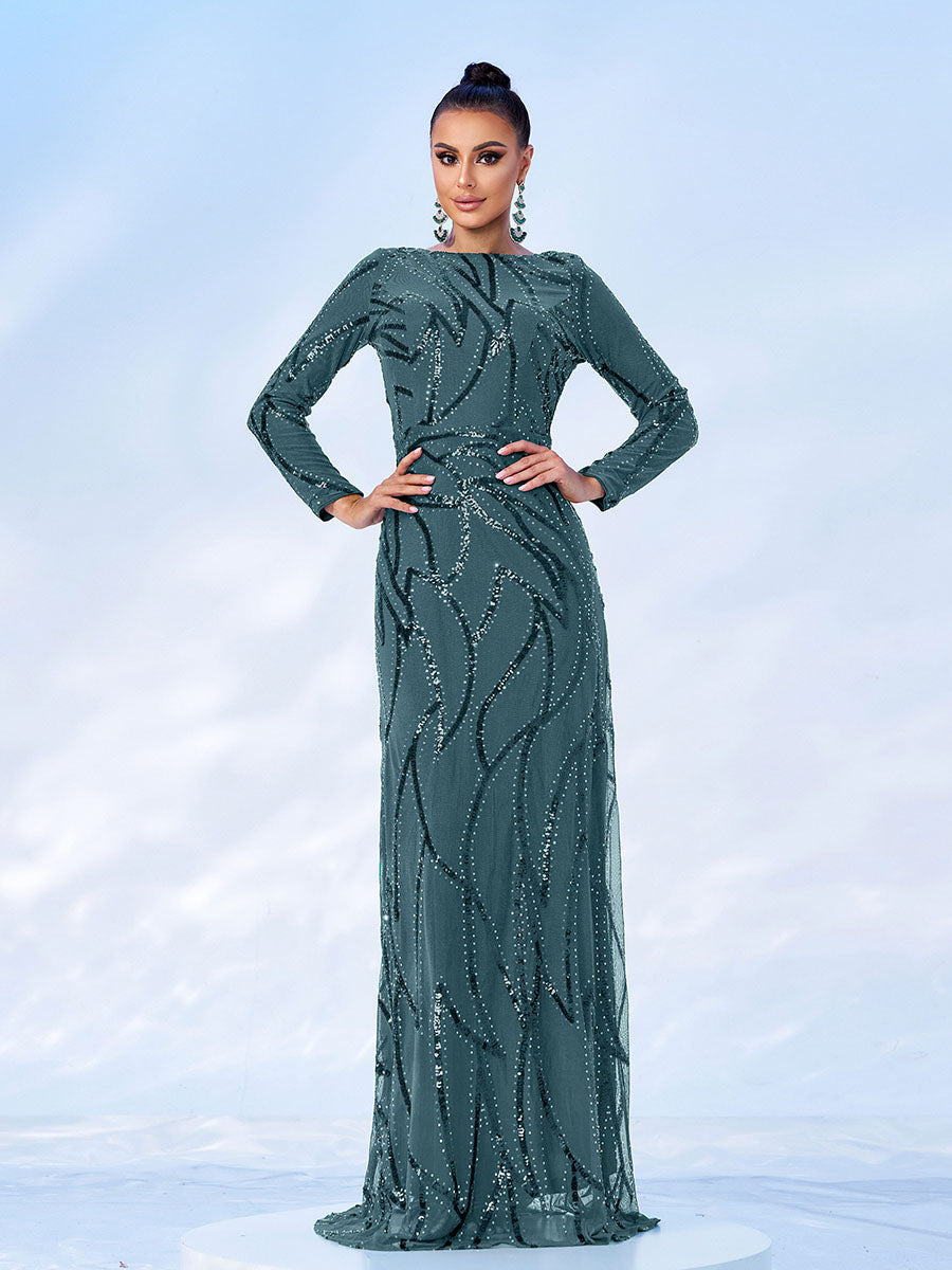 Long Sleeve Sequin A-Line Maxi Evening Dress XJ1962