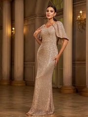 Puncho Back Puff Sleeve Sequin Evening Dress XH2266