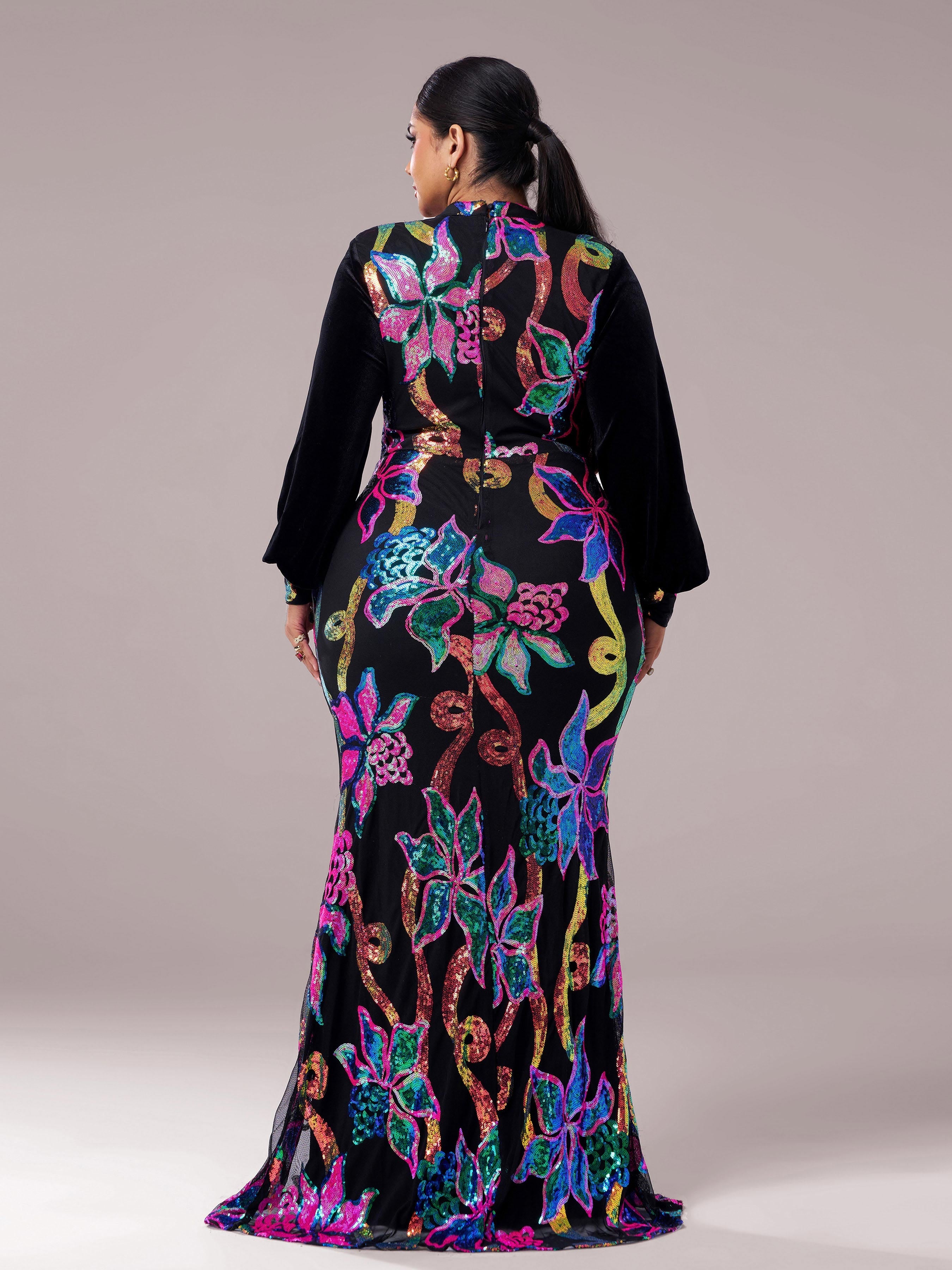 Plus Cutout Lantern Sleeve Mermaid Dress PRJ11296