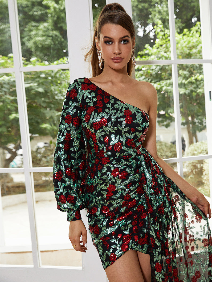 Floral One Shoulder Draped Mini Dress XJ1387