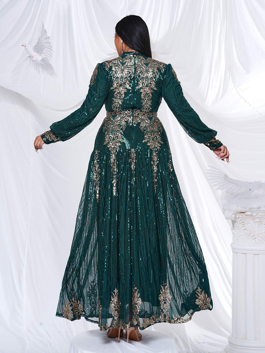 Plus Stand Collar Sequin A-line Dress PMES00341