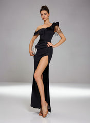 Elegant Black One-Shoulder Slit Evening Dress GM010145