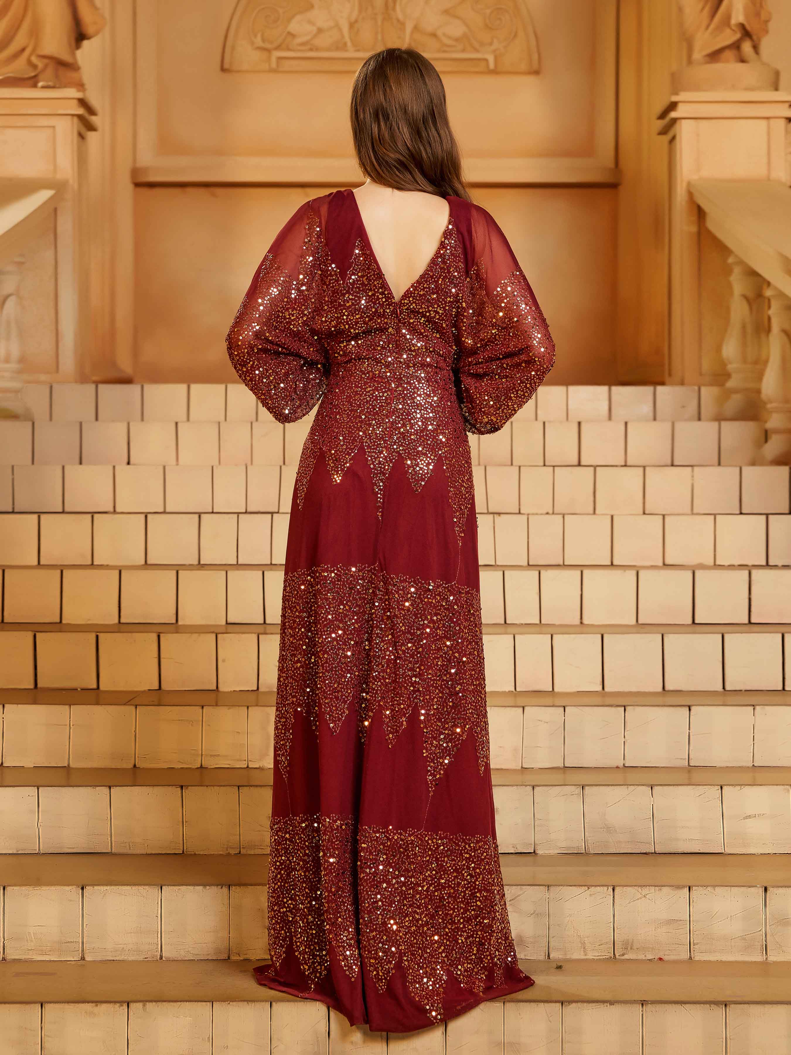 Lantern Sleeve V-Neck High Split Black Prom Dress RM21107