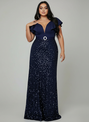 Plus Short Sleeve Sequin Belt Prom Dress PXL093