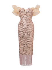 Off Shoulder Sequin Midi Cocktail Dress XJ1259