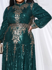 Plus Stand Collar Sequin A-line Dress PMES00341