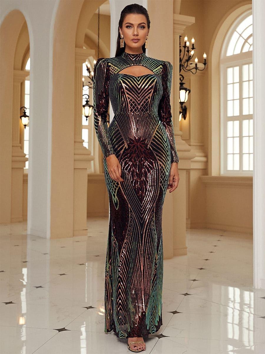 High Neck Cut Out Long Sleeve Sequin Mermaid Evening Dress XH2349
