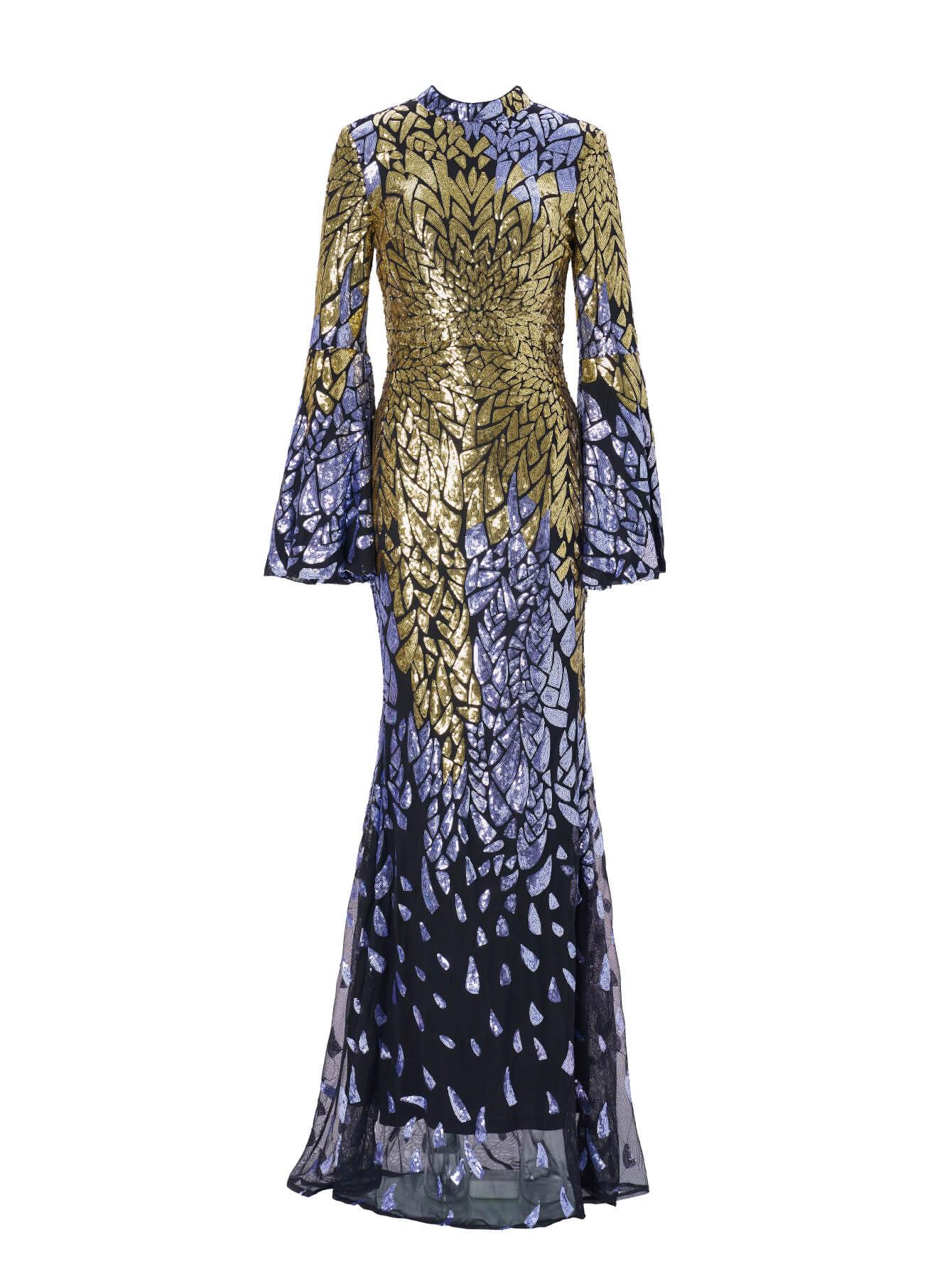 Backless Bell Sleeve Sequin Formal Dress XH2425