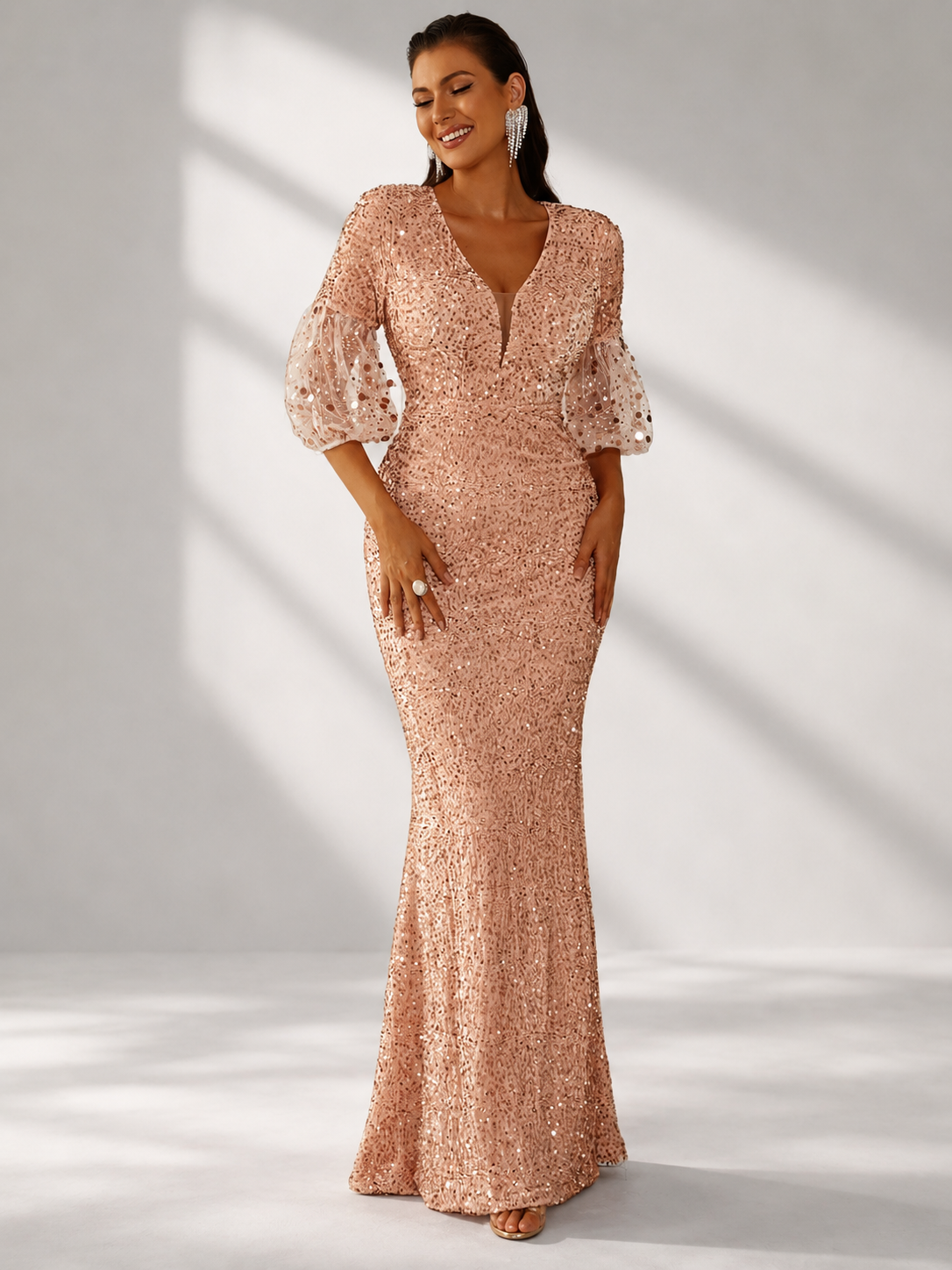V Neck Lantern Sleeve Sequin Maxi Evening Dress XH2184