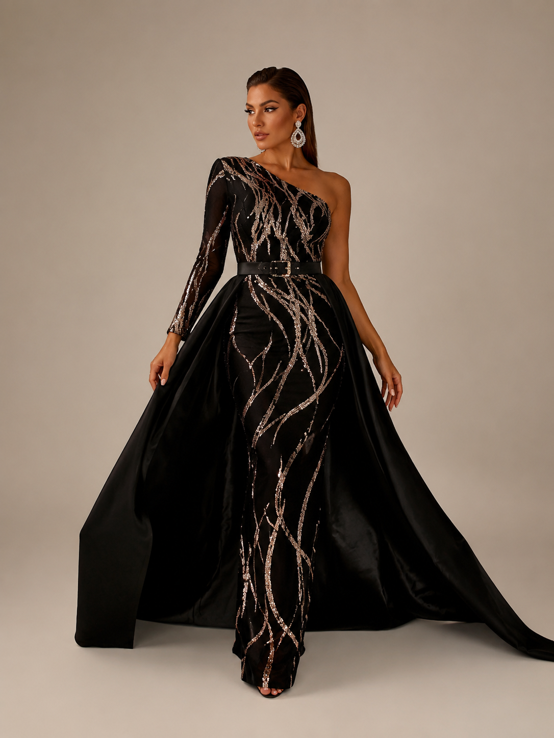One Shoulder Cloak Sequin Prom Dress XH2172