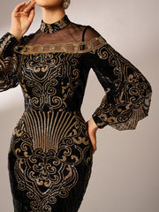 Luxe Embroidered Ballon Sleeve Evening Dress DH80229