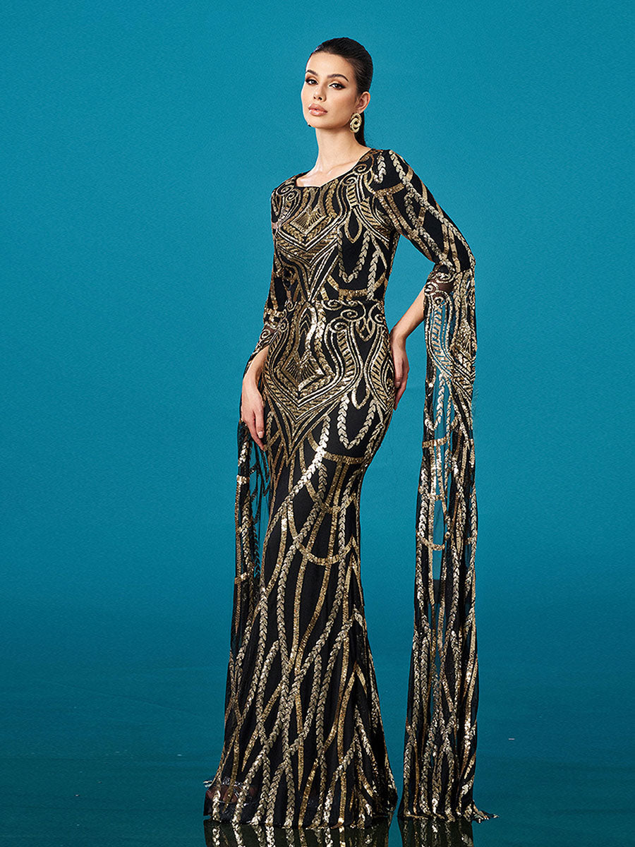 Luxury Geometric Sequin Long Sleeve Formal Dress DH80402