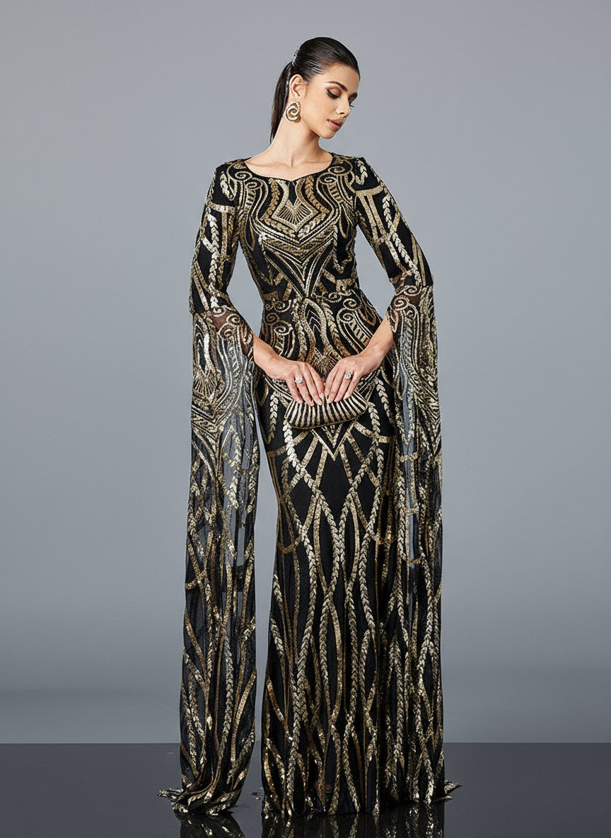 Luxury Geometric Sequin Long Sleeve Formal Dress DH80402