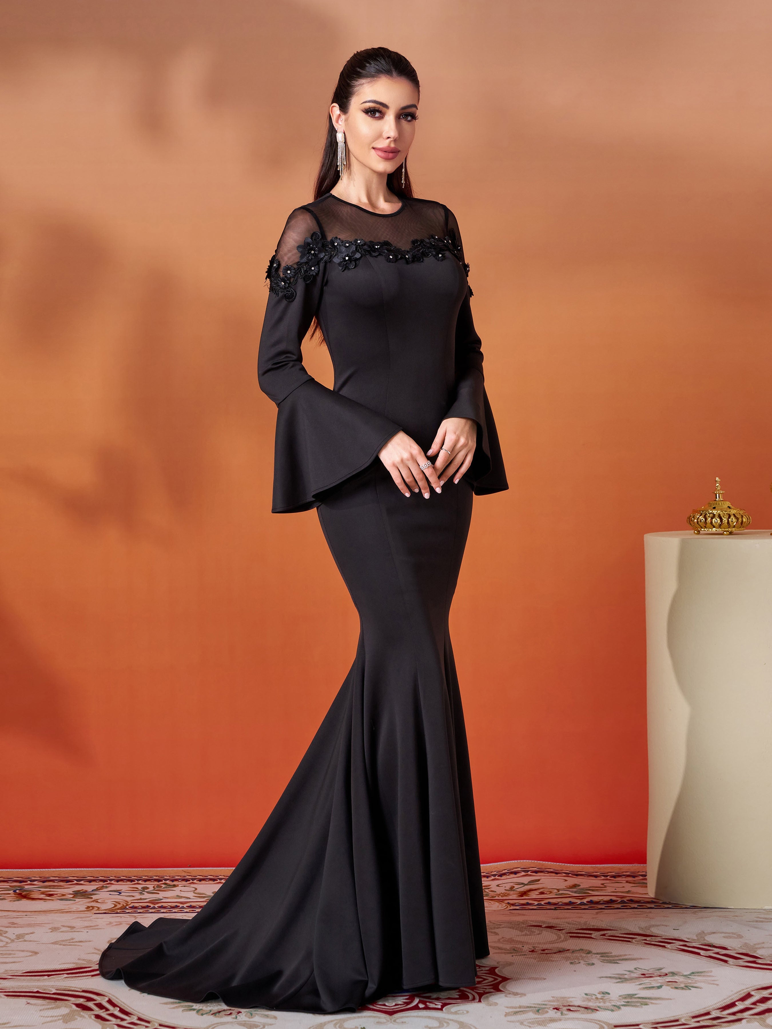 Primrose Bell Sleeve Mesh Embellished Formal Dress