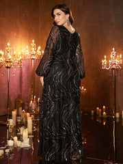 Plus Striped Long Sleeve A-line Sequin Dress EGM08