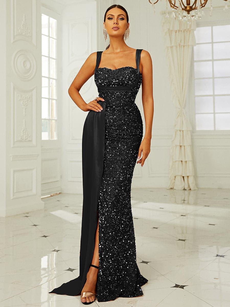 Ribbon Corset Sequin Maxi Prom Dress XH2162