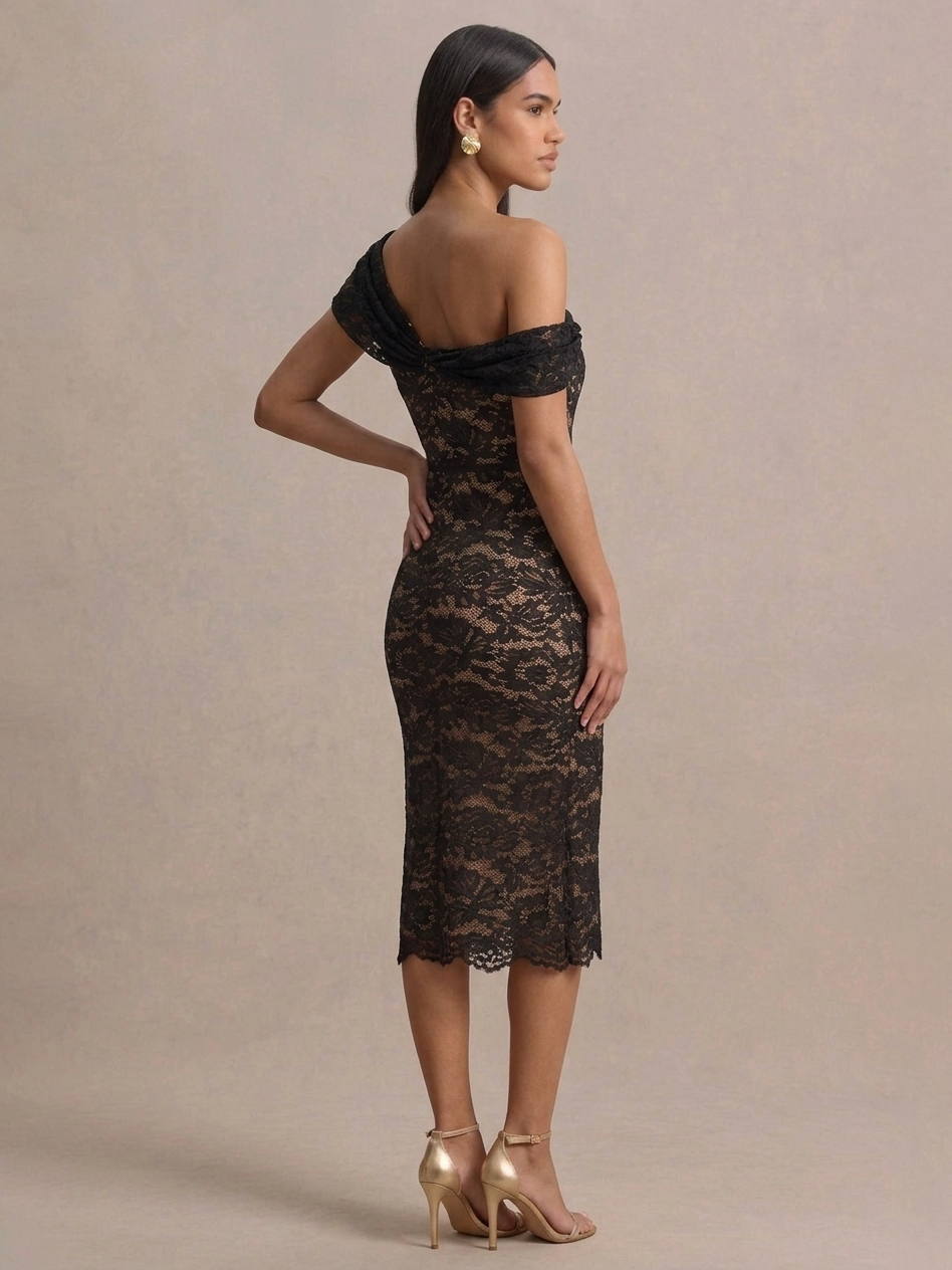 One Shoulder Floral Lace Midi Dress FC25122