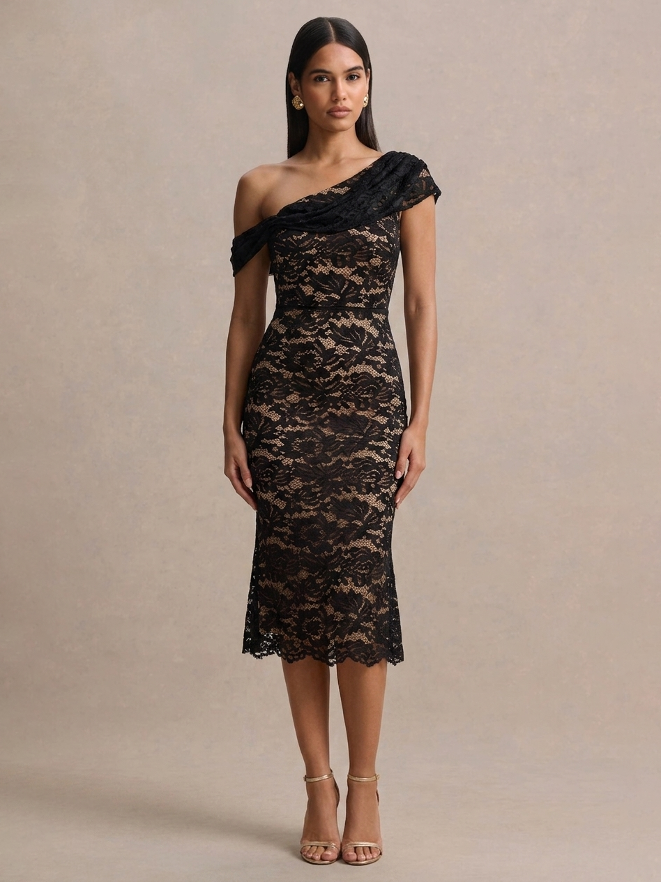 One Shoulder Floral Lace Midi Dress FC25122