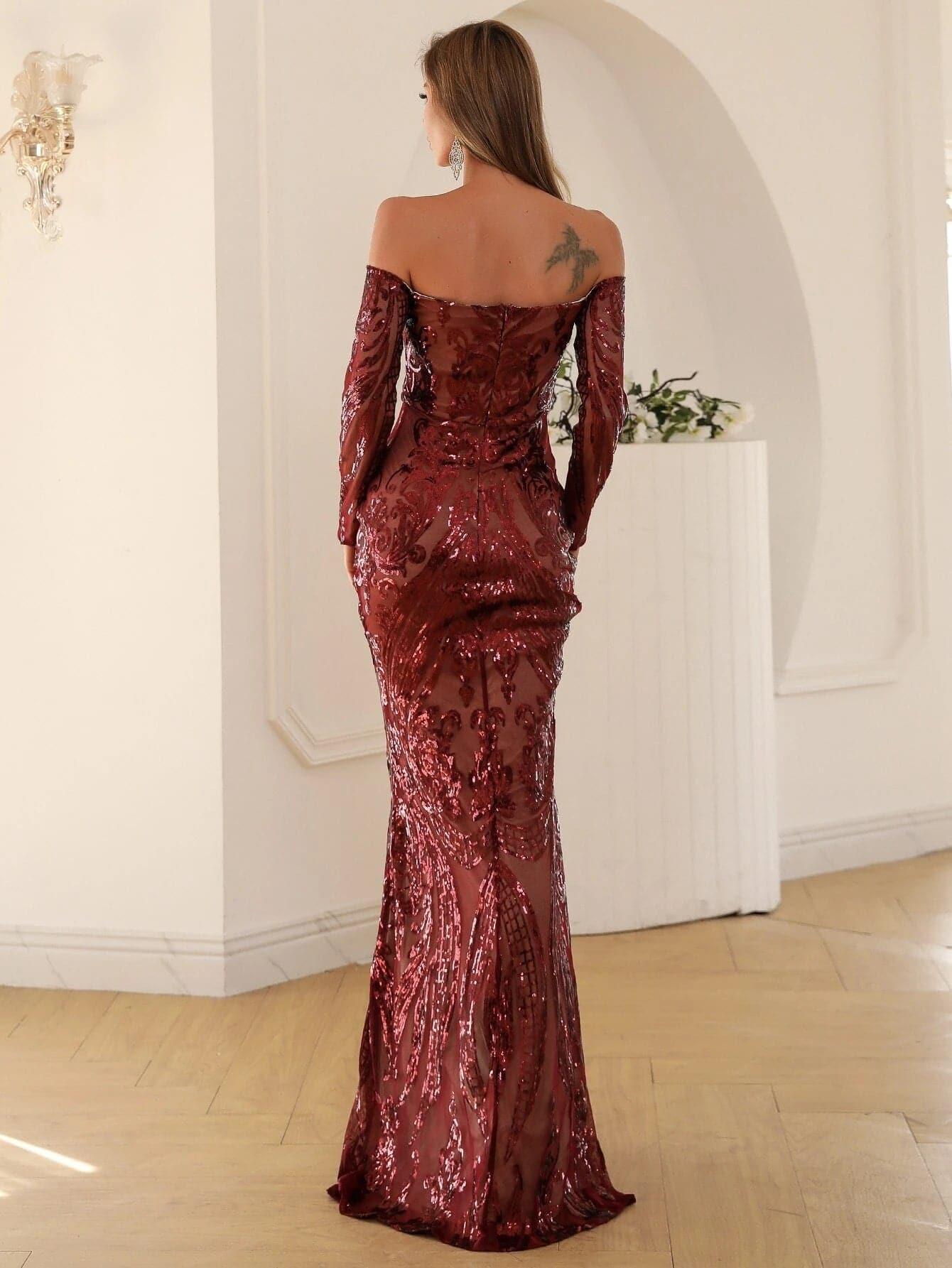 Off Shoulder Long Sleeve Sequin Mermaid Prom Dress FT18392