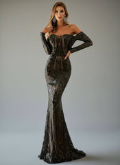 Off Shoulder Long Sleeve Sequin Mermaid Prom Dress FT18392