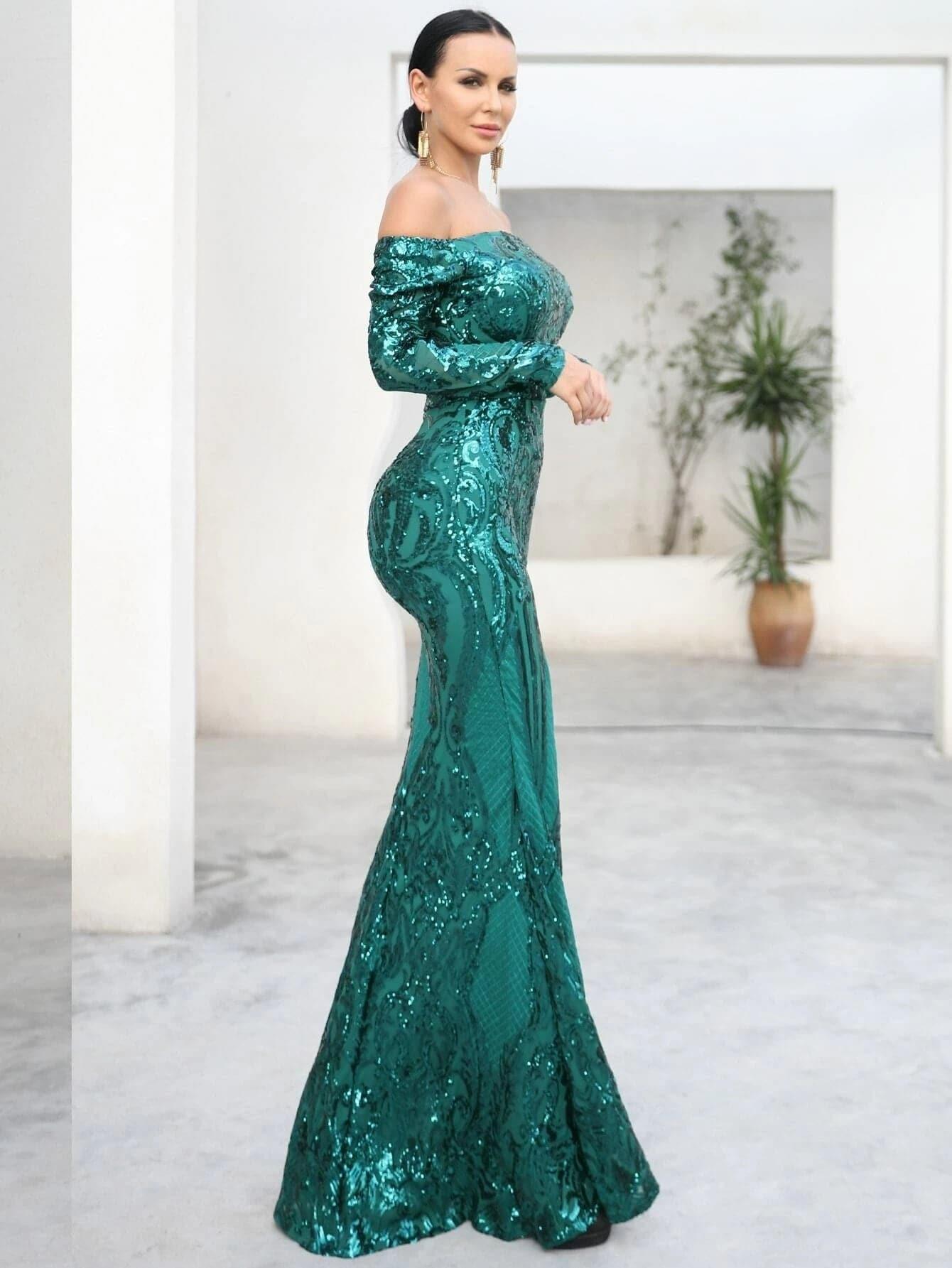 Off Shoulder Long Sleeve Sequin Mermaid Prom Dress FT18392