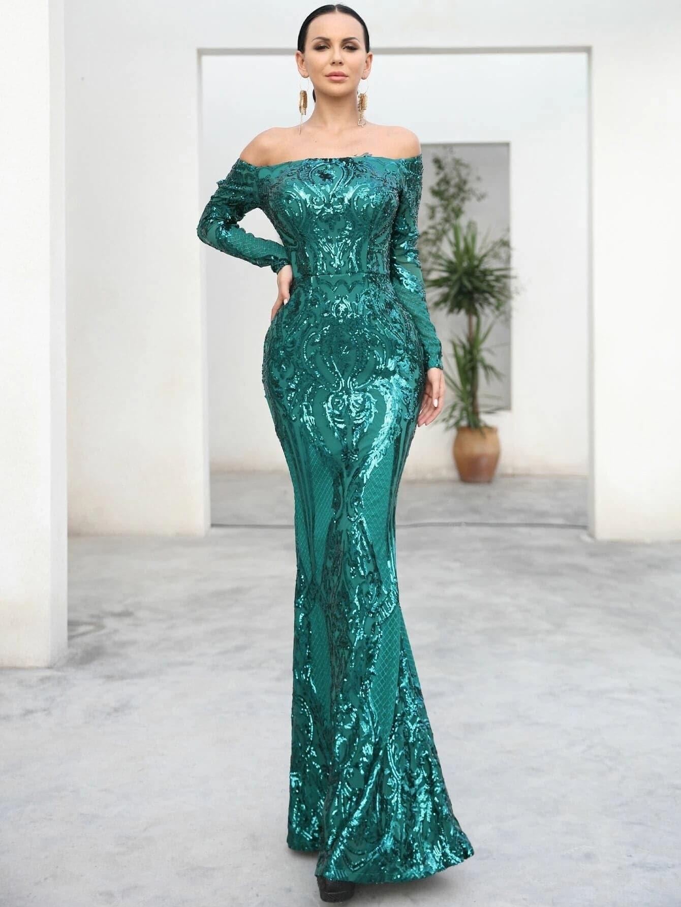 Off Shoulder Long Sleeve Sequin Mermaid Prom Dress FT18392