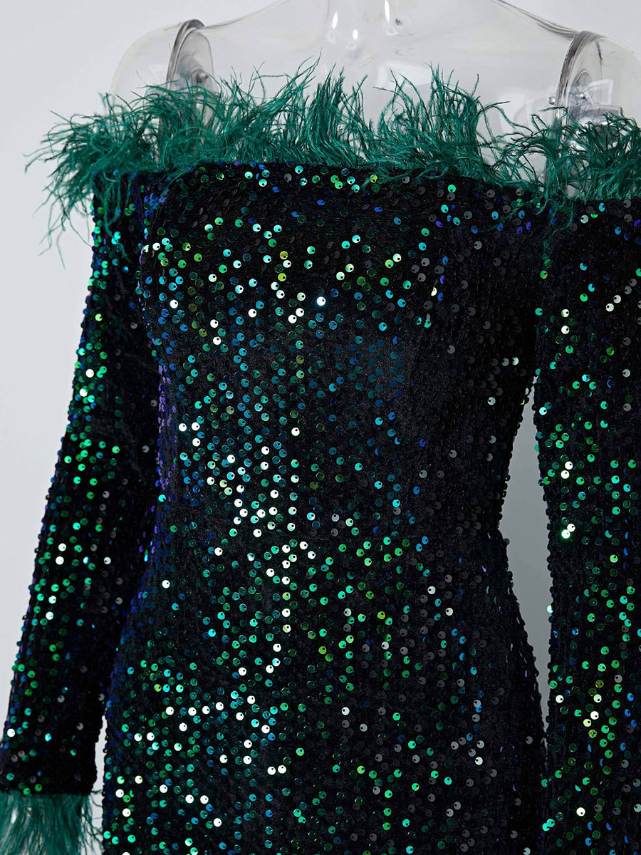 Off Shoulder Feather Sequin Evening Dress FT19005