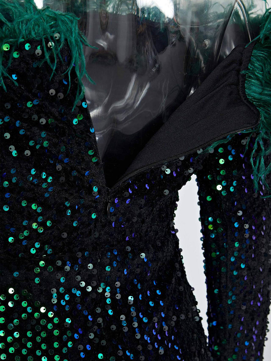 Off Shoulder Feather Sequin Evening Dress FT19005