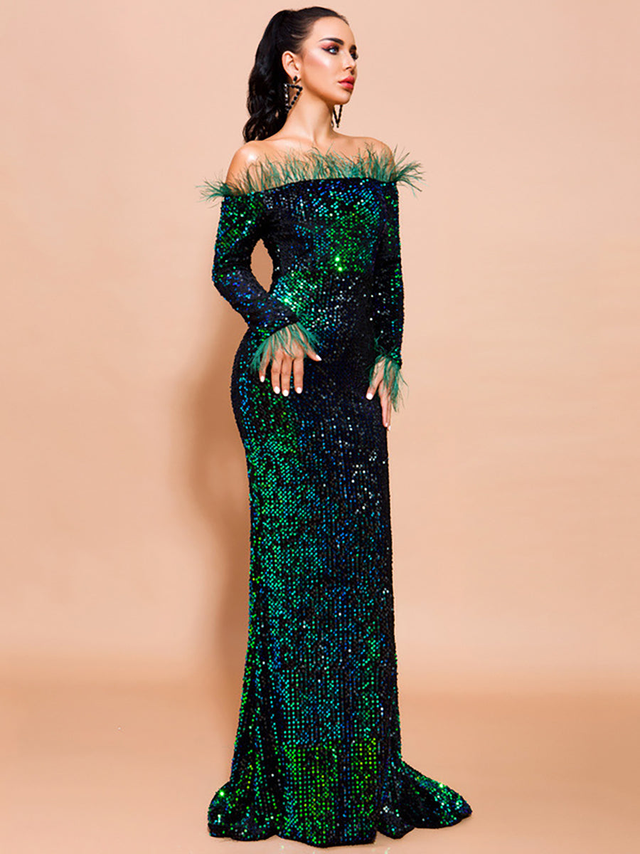 Off Shoulder Feather Sequin Evening Dress FT19005