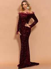 Wine Off Shoulder Feather Sequin Evening Dress FT19005