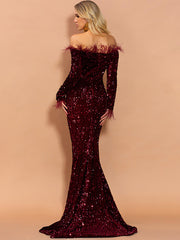 Wine Off Shoulder Feather Sequin Evening Dress FT19005