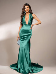 Convertible Halter Deep V Backless Satin Mermaid Dress FT5035