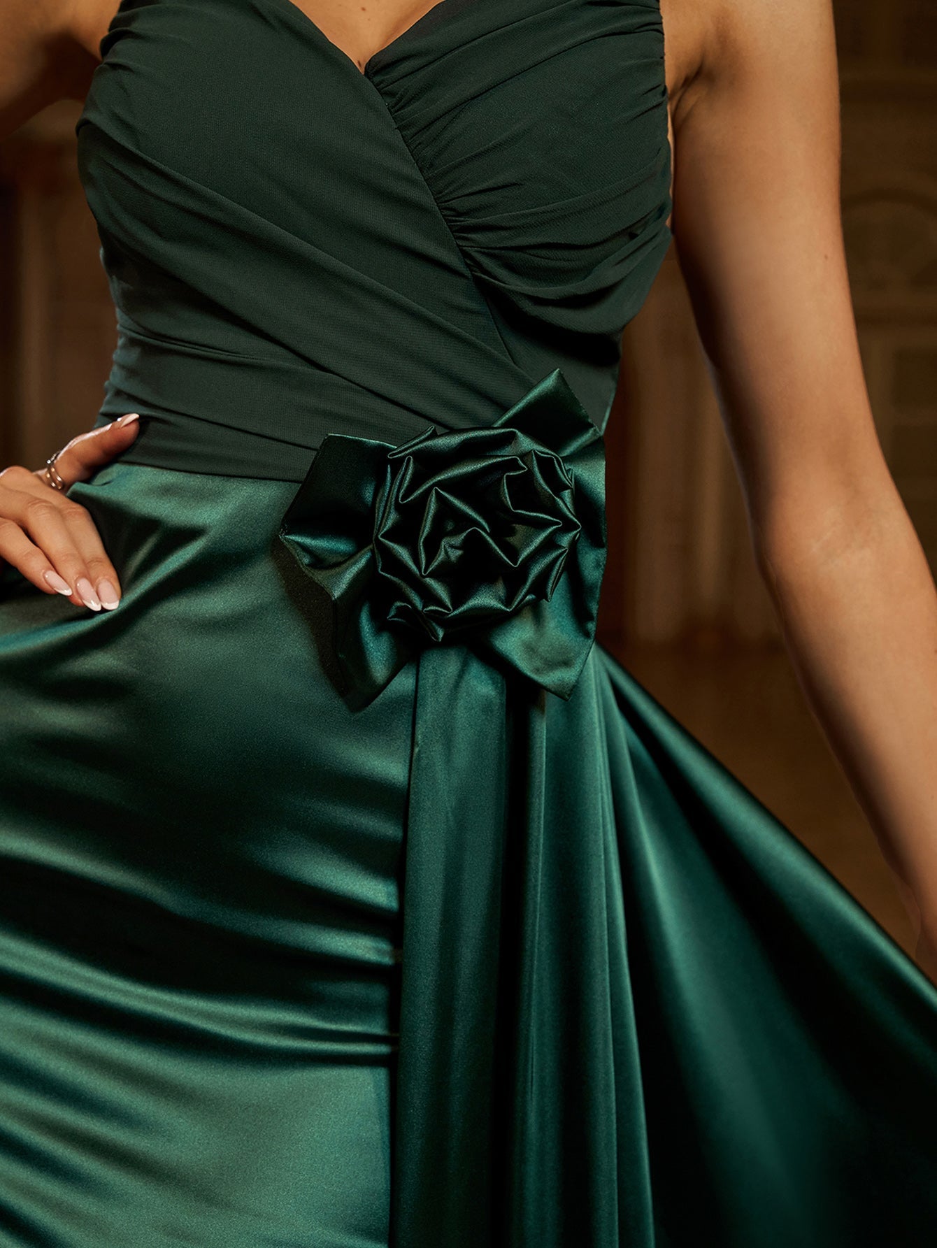 Green Floral Draped Satin Backless Prom Dress GM00798