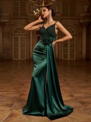 Green Floral Draped Satin Backless Prom Dress GM00798