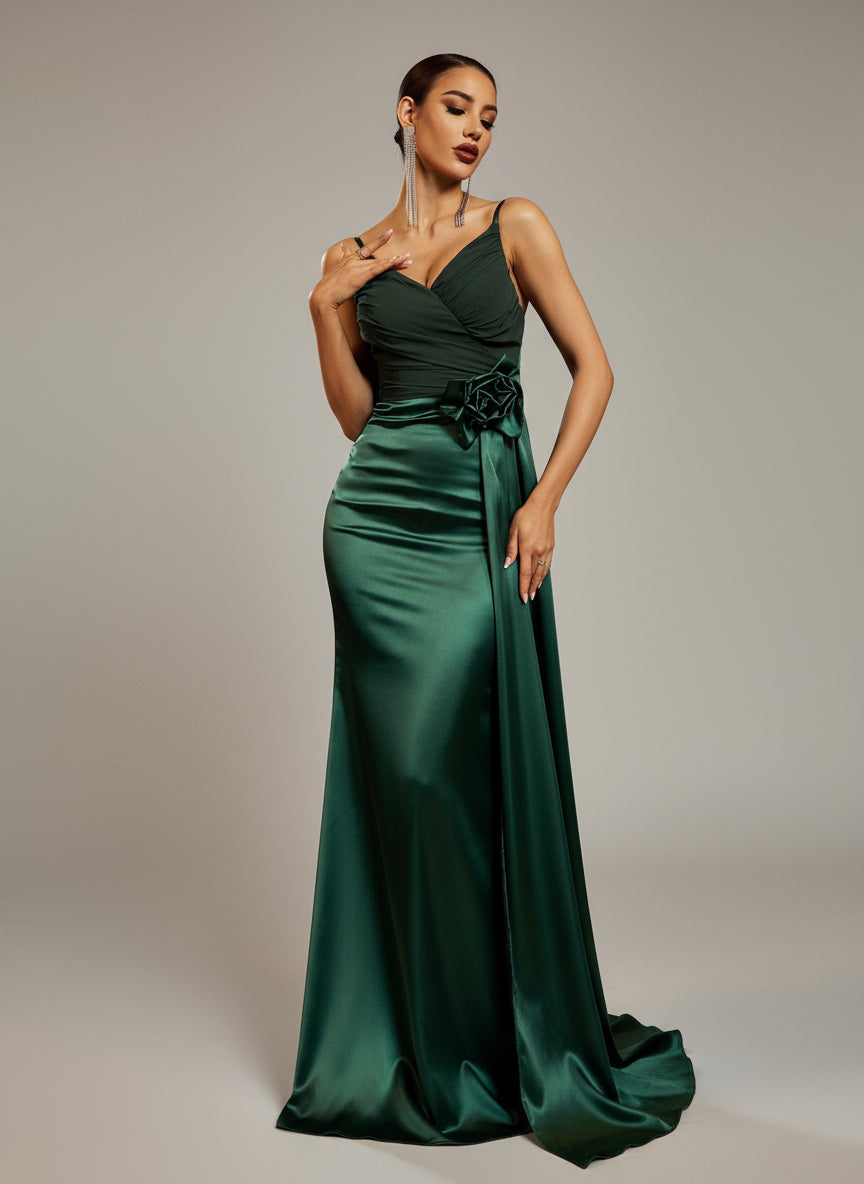 Green Floral Draped Satin Backless Prom Dress GM00798