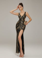 Gold Sequin Graphic Split Cocktail Dress GM00930