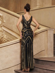 Gold Sequin Graphic Split Cocktail Dress GM00930